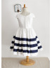 Ivory Navy Blue Taffeta Stripes Knee Length Flower Girl Dress